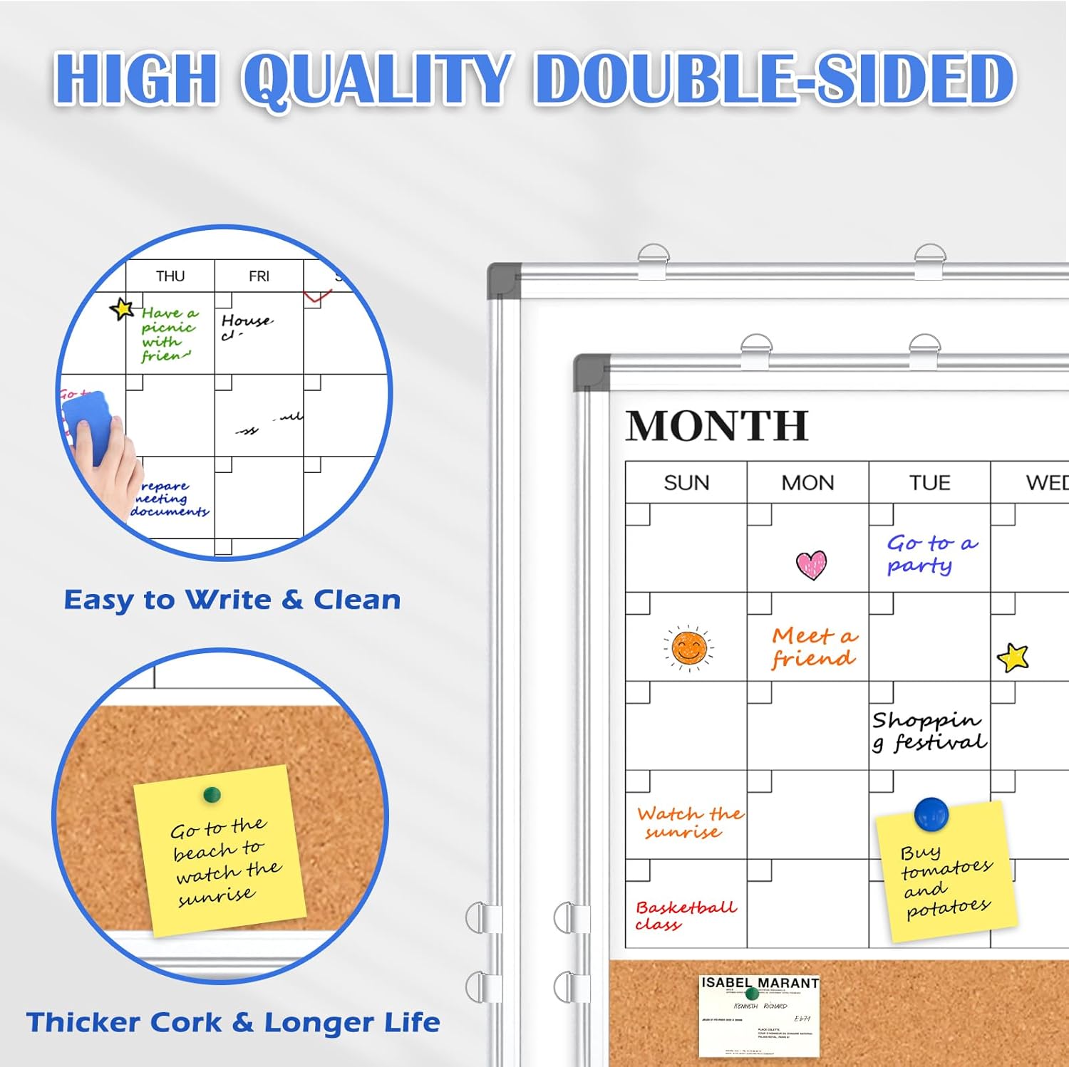 Monthly Calendar Whiteboard Dry Erase Cork Board Combo for Wall, 24 x 18 Double-Sided Calendar White Board and Bulletin Board, Portable Board for Office, Kitchen, School, Home